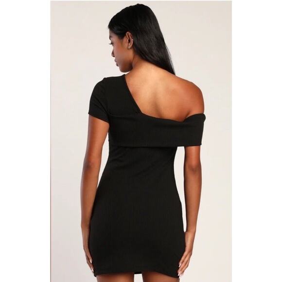 Lulus Sultry Side Black Ribbed One-shoulder Bodycon‎ Mini Dress - Small NWT - Picture 2 of 9